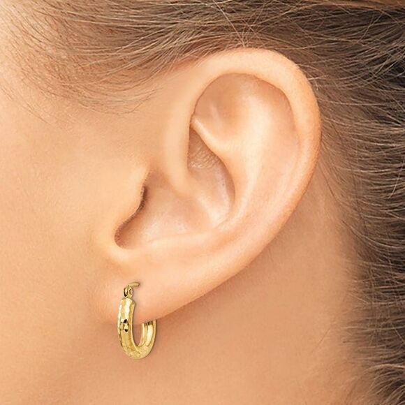 3mm x 14mm, 14k Yellow Gold, Diamond-cut Round Hoop Earrings